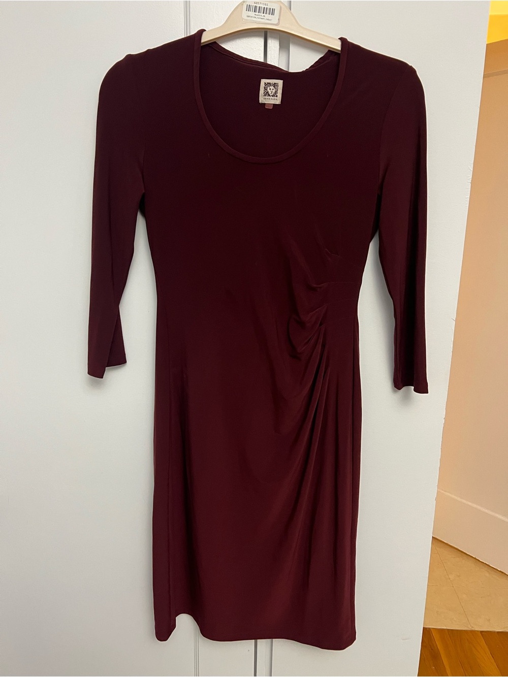 Anne Klein Burgundy Long-Sleeve Ruched Side Dress